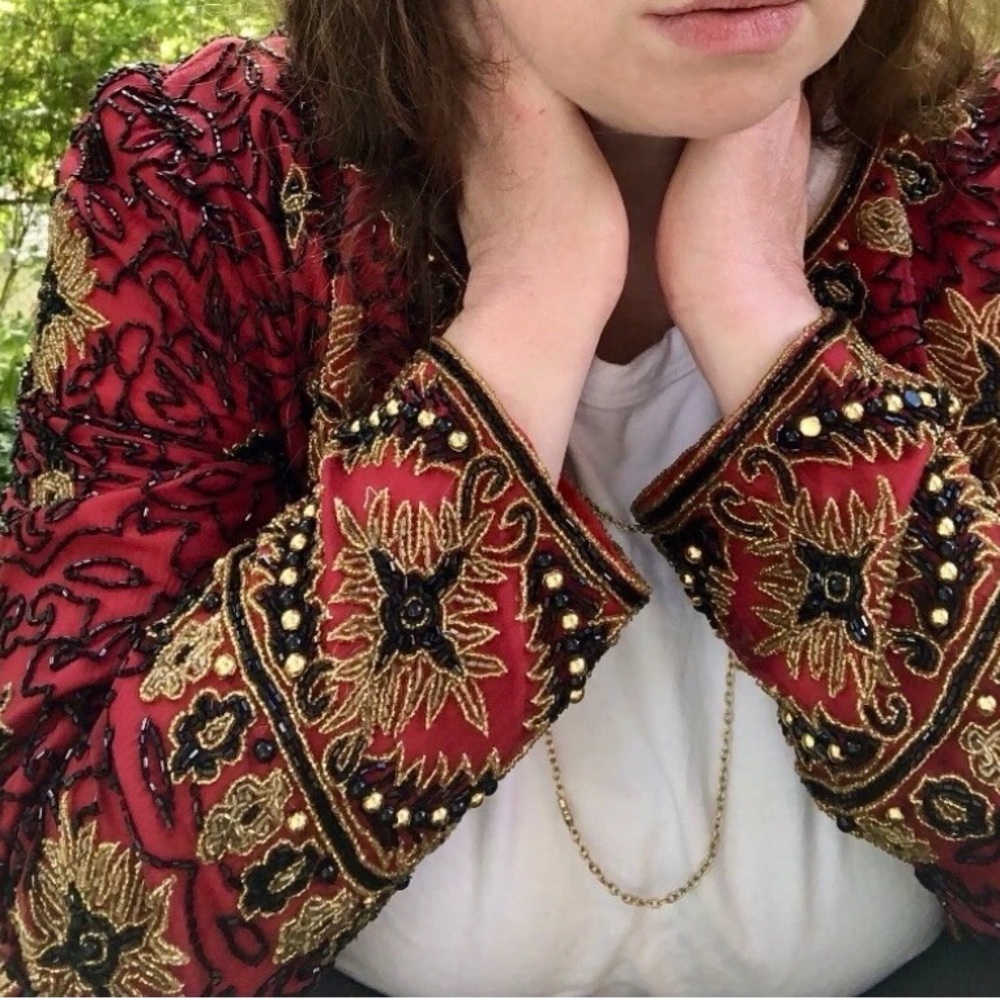 Adrianna Papell Red Beaded Silk Jacket Sz 10 Vintage Evening Statement